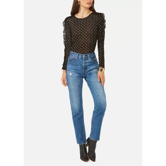 1.State Women's Black Gold Dot Sheer Long Sleeve Ruffle Seam Crewneck Top Size M - Picture 3 of 10